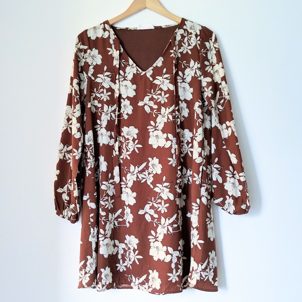 Brown and Cream Floral Mini Shift Dress